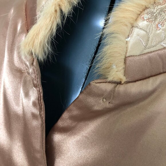 Light Copper Color Satiny Jacket with Embroidered Flowers and faux fur trim - Picture 10 of 14